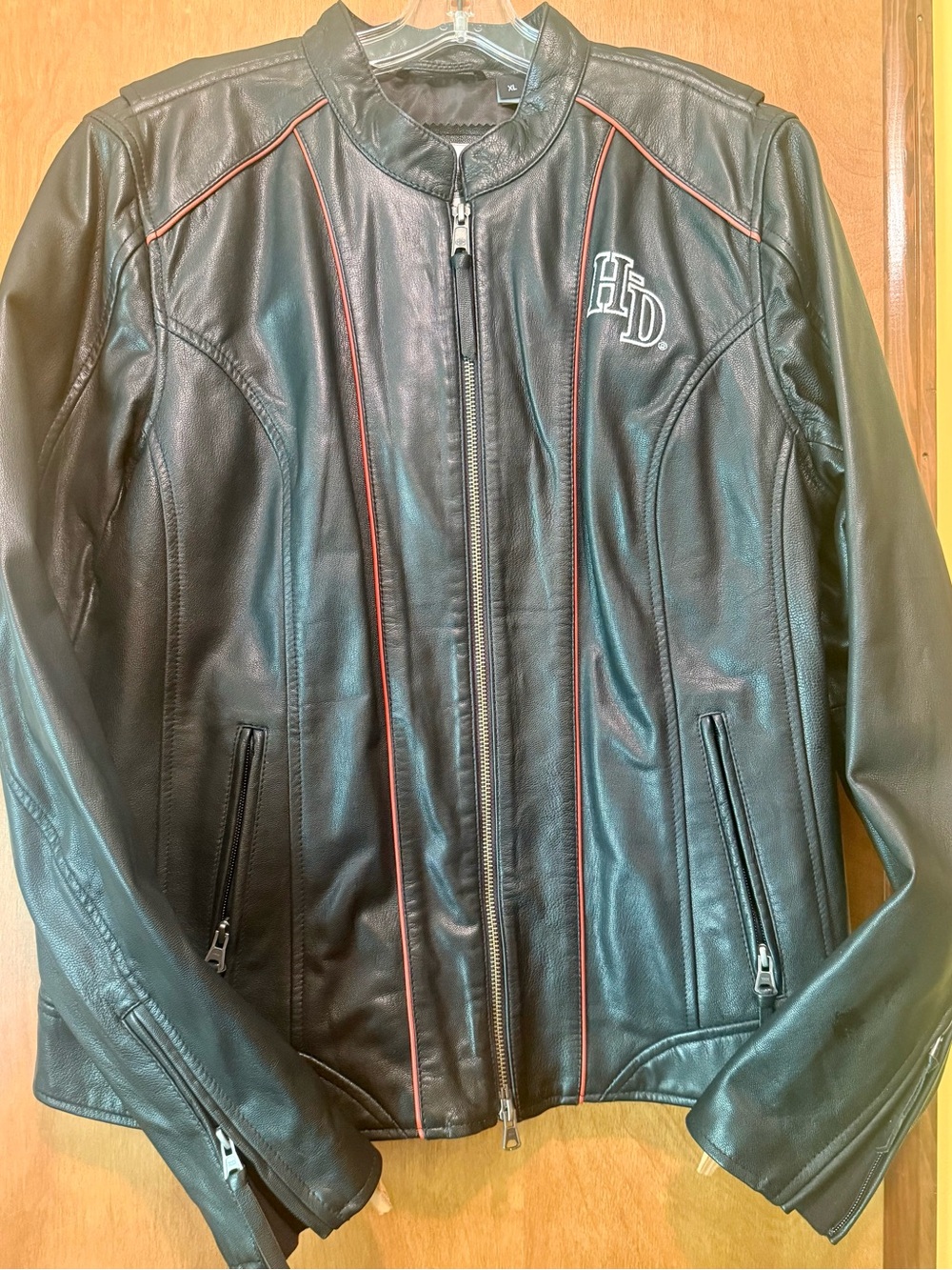 Women’s Harley-Davidson Black Leather Zip-Front Jacket with Red Piping